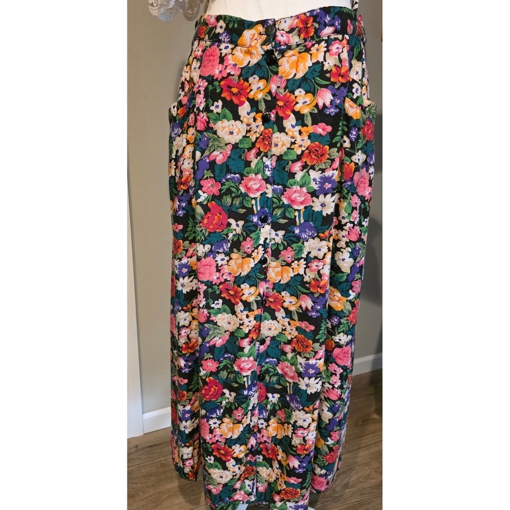 Marla Kim Dark Floral Women Sz M Long Skirt‎ Button Front Y2K Cottagecore Dainty